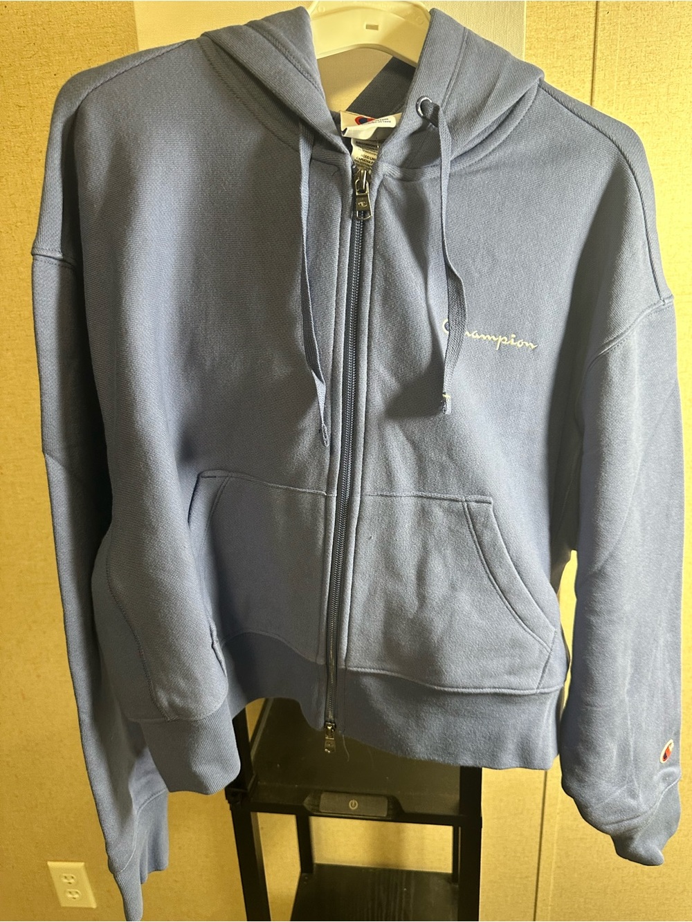 Champion Full Zip Hoodie Size M Blue Script Logo USA Athletic